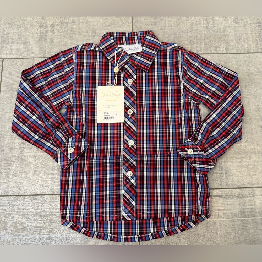 NWT Boy’s Rachel Riley Red White And Blue Check Button Down Shirt Size 3 & 5